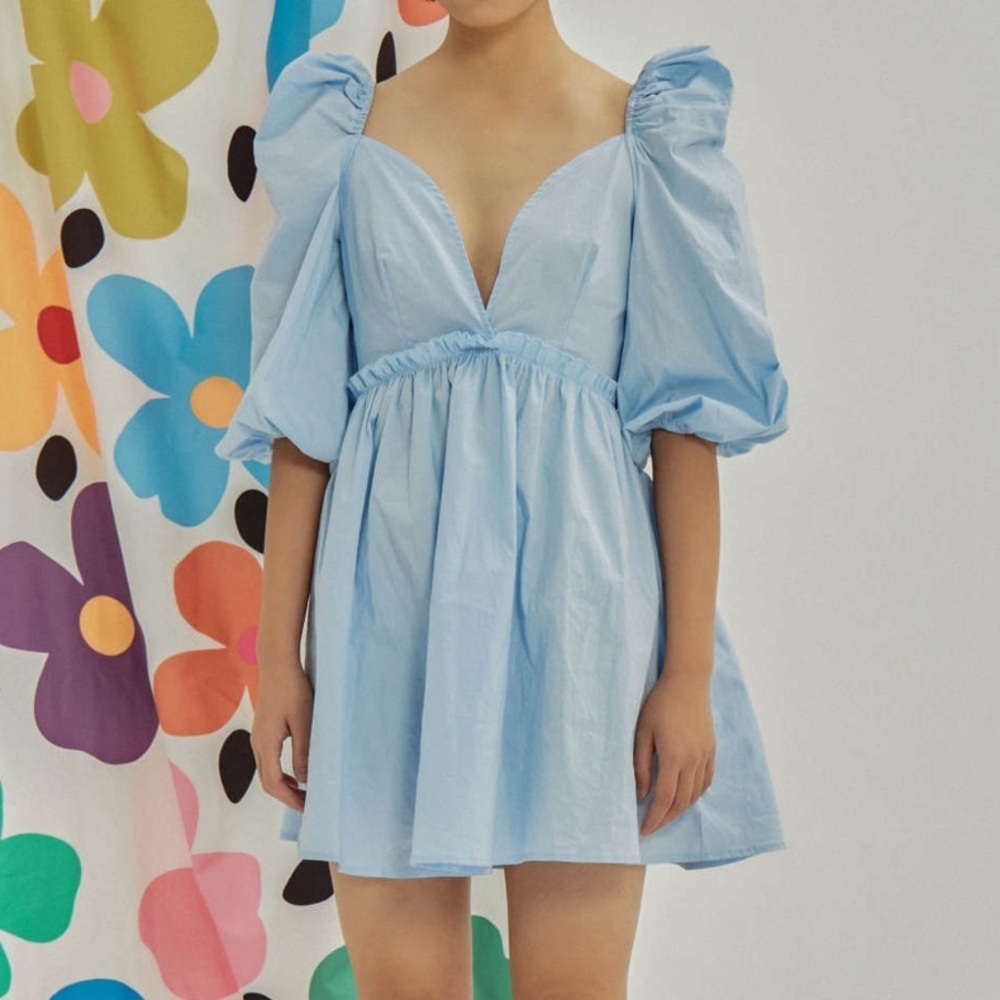 Cider Light Blue Deep V Mutton Sleeve Dress